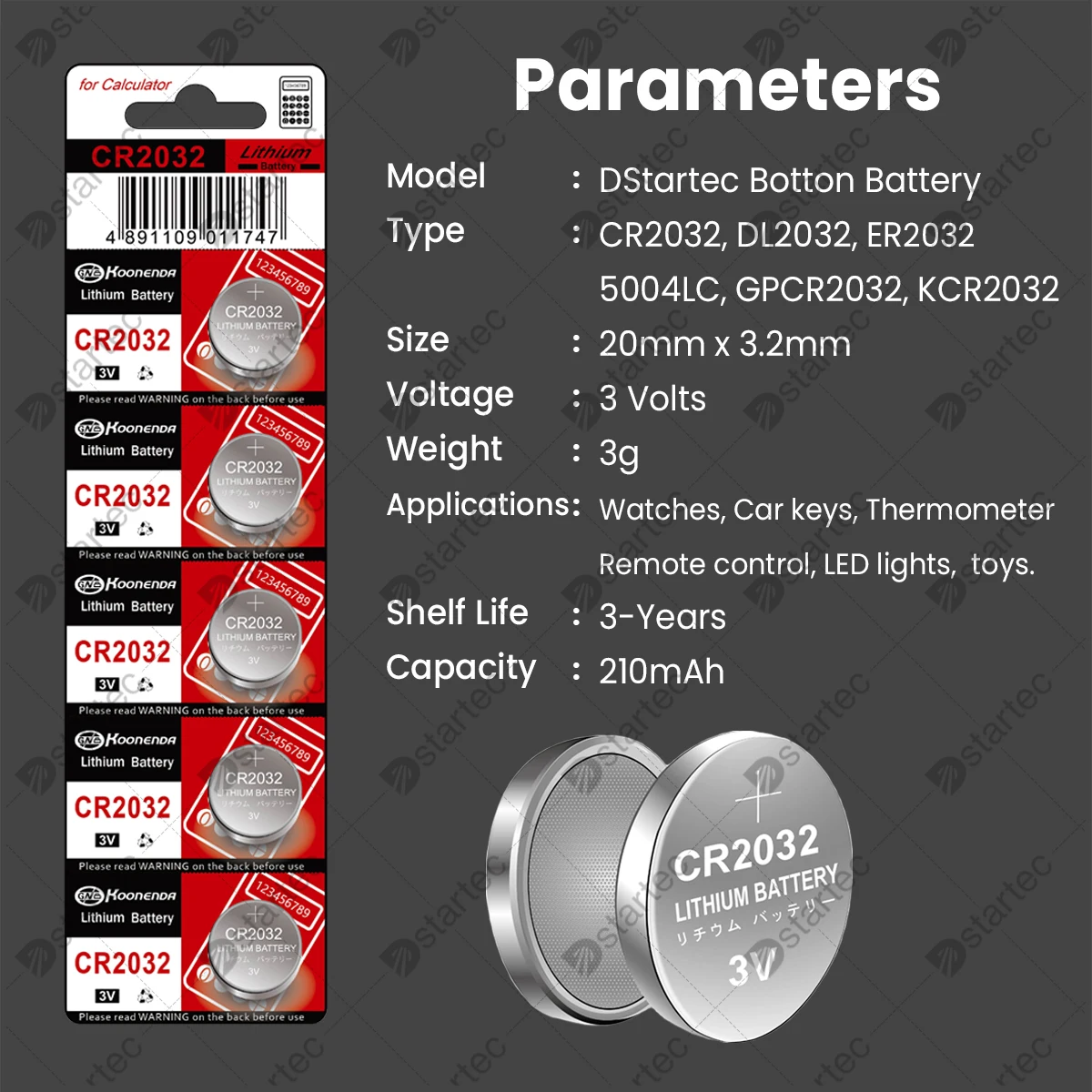 5PCS Koonenda CR2032 3V bateria de lítio para relógio brinquedo calculadora carro remoto; DL2032 BR2032 5004LC 210mAh Coin Cell exp. Data 2032