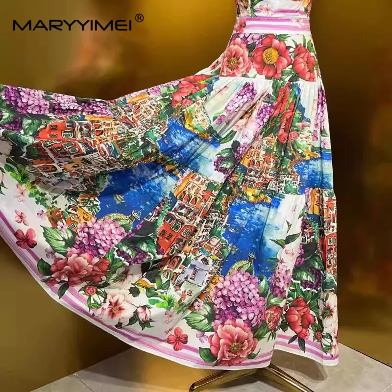 MARYYIMEI Elegant Vacation Floral Women\'s Summer Fashion Print Design Slim Cotton Pleated Skirt