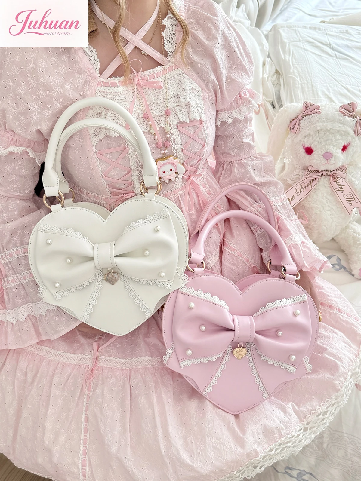 Japanese Sweet Cute Ancient Sweetheart Lolita Bow Lace Love Bag Girl Pearl Lace Doll Feeling Handbag Messenger Bag for Woman