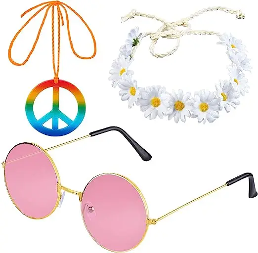 PESENAR Women Hippie Costume Set - 60\'s 70s Style Retro Vintage Glasses Peace Sign Necklace Sunflower Crown Hair Band