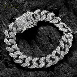 HipHop Men Women 13MM Prong Cuban Link Chain Bracelet Bling Iced Out 2 Row Rhinestone Paved Miami Rhombus Cuban Chain Jewelry