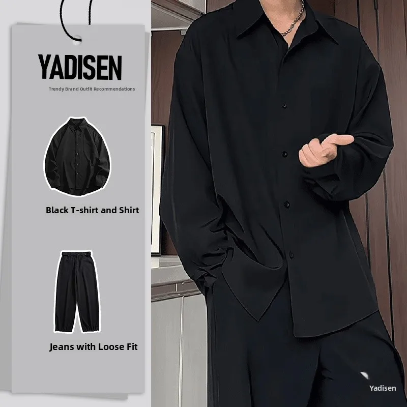 

Bla Long Sve irt Draped Mature And Stable Men's Faion Spring Summer Cool Tone High-End Feeling Casual Polyester Fiber