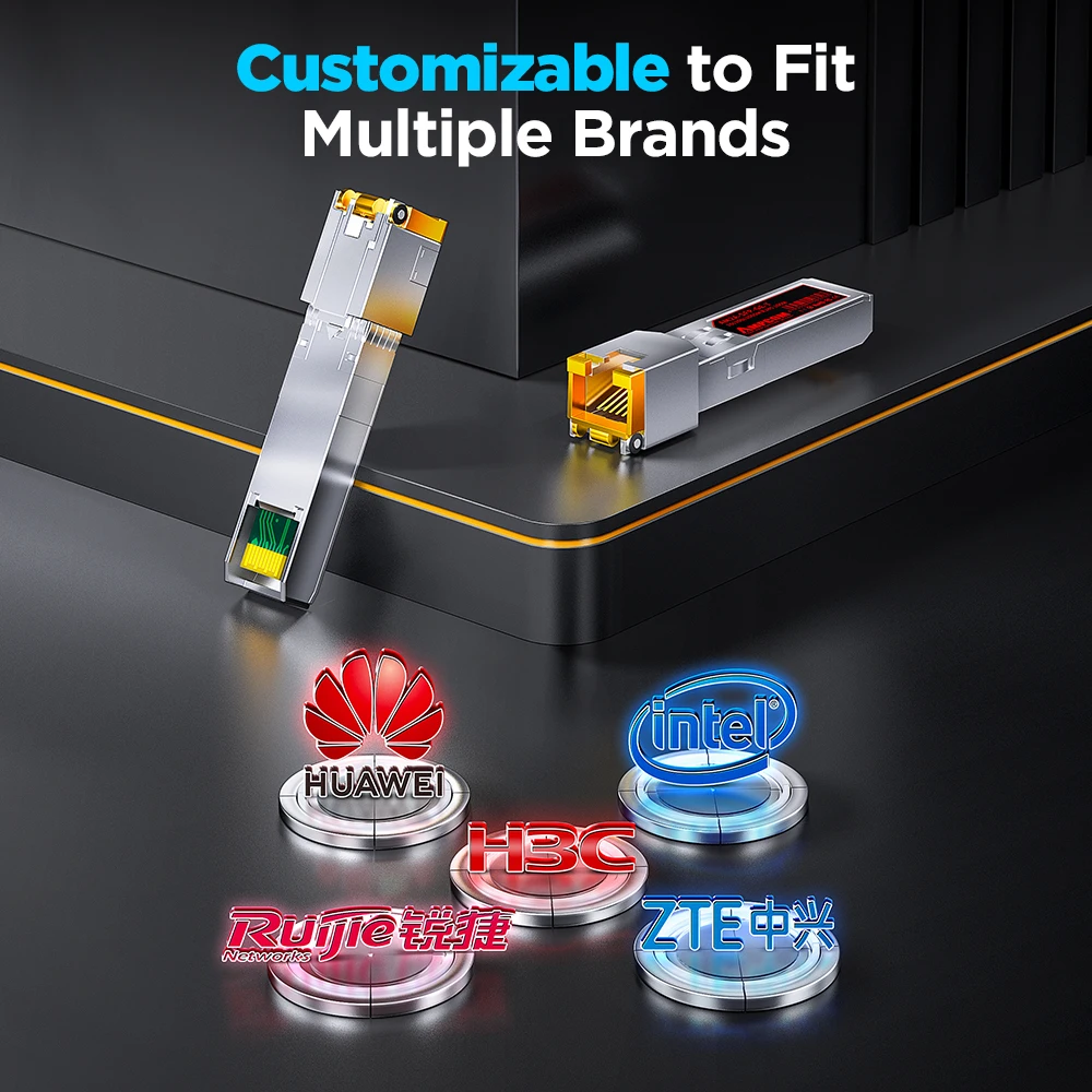 جهاز إرسال واستقبال AMPCOM 10GBase-T إلى RJ45 SFP، جهاز إرسال واستقبال وحدة الألياف الضوئية Ethernet Copper RJ45 إلى SFP+، CAT6A/CAT7، حتى 30 مترًا