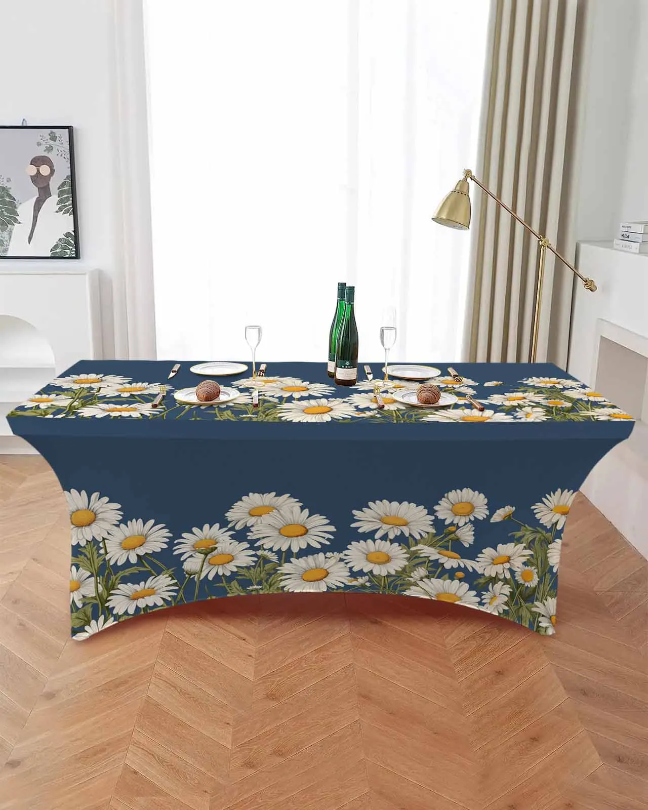 Chrysanthemum Hand Drawn Retro Style  Elastic Table Skirt Wedding Birthday Table Decoration Table Skirt Tablecloth for Party