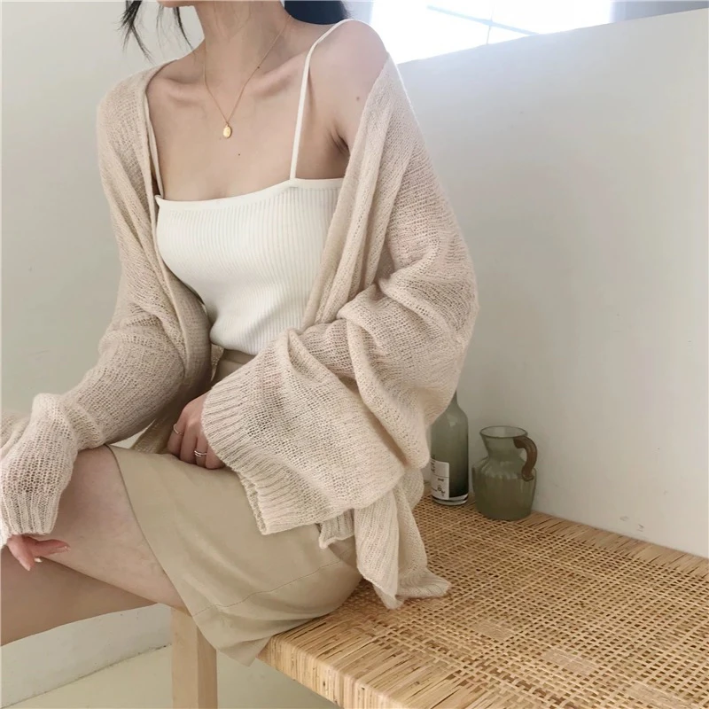 Lightweight Short Open Cardigan Women's Korean Style Student Loose Hollow Knitted Sun Protection Outerwear Summer V-neck Long...