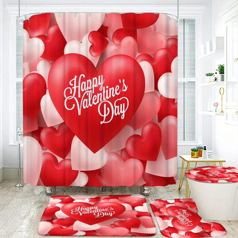 4pcs Love Heart Printed Shower Curtain Set, Waterproof Bathroom Partition Curtain With 12 Hooks, Non-Slip Bath Rug, Toilet U-Sha