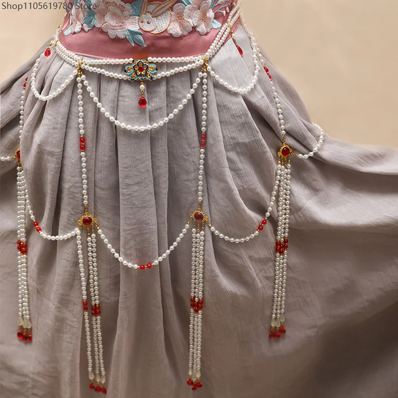Chinese Ancient Style Cosplay Long Tassel Pearl Waist Belt Tang Dynasty Hanfu Waist Costumes Dunhuang Accessories Costume Props