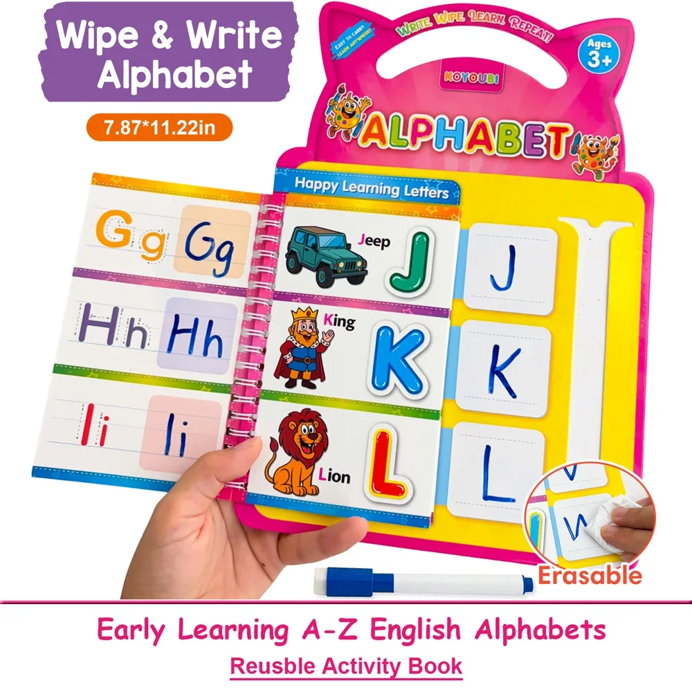 Reusable Wipe & Write English Alphabet Workbook for Kids School Supplies Early Education 26 Letters Tracing Book Homework