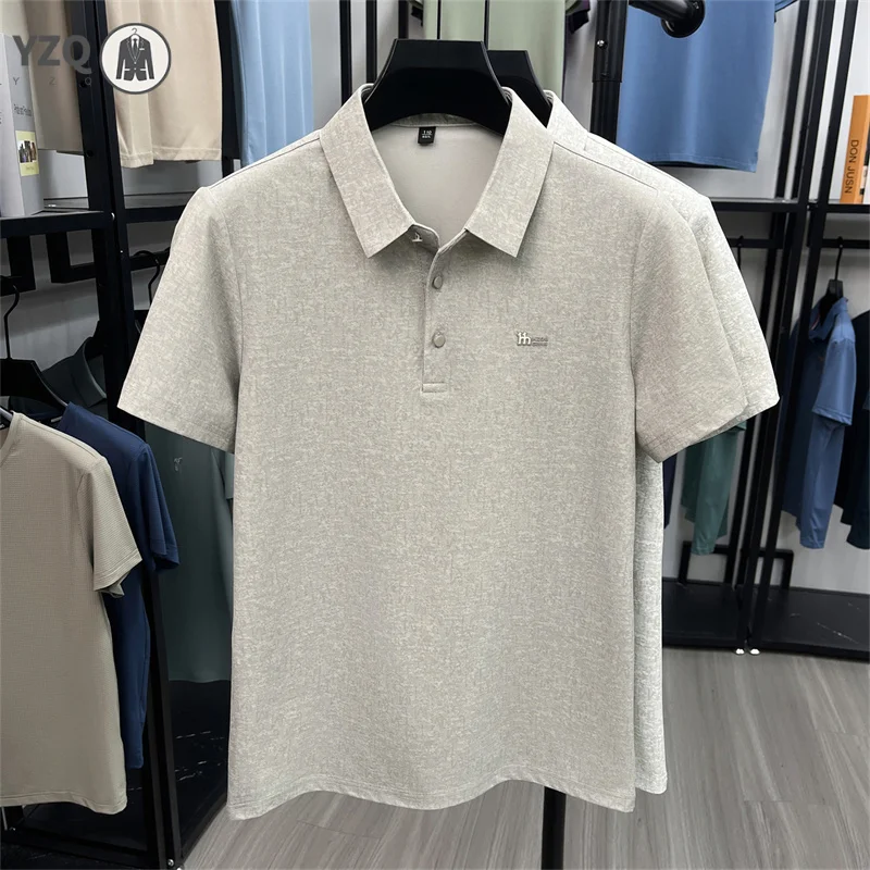 Daily basic mens faint printed lapel polo tee stretch soft fabric sweat proof summer outdoor minimalist casual garment