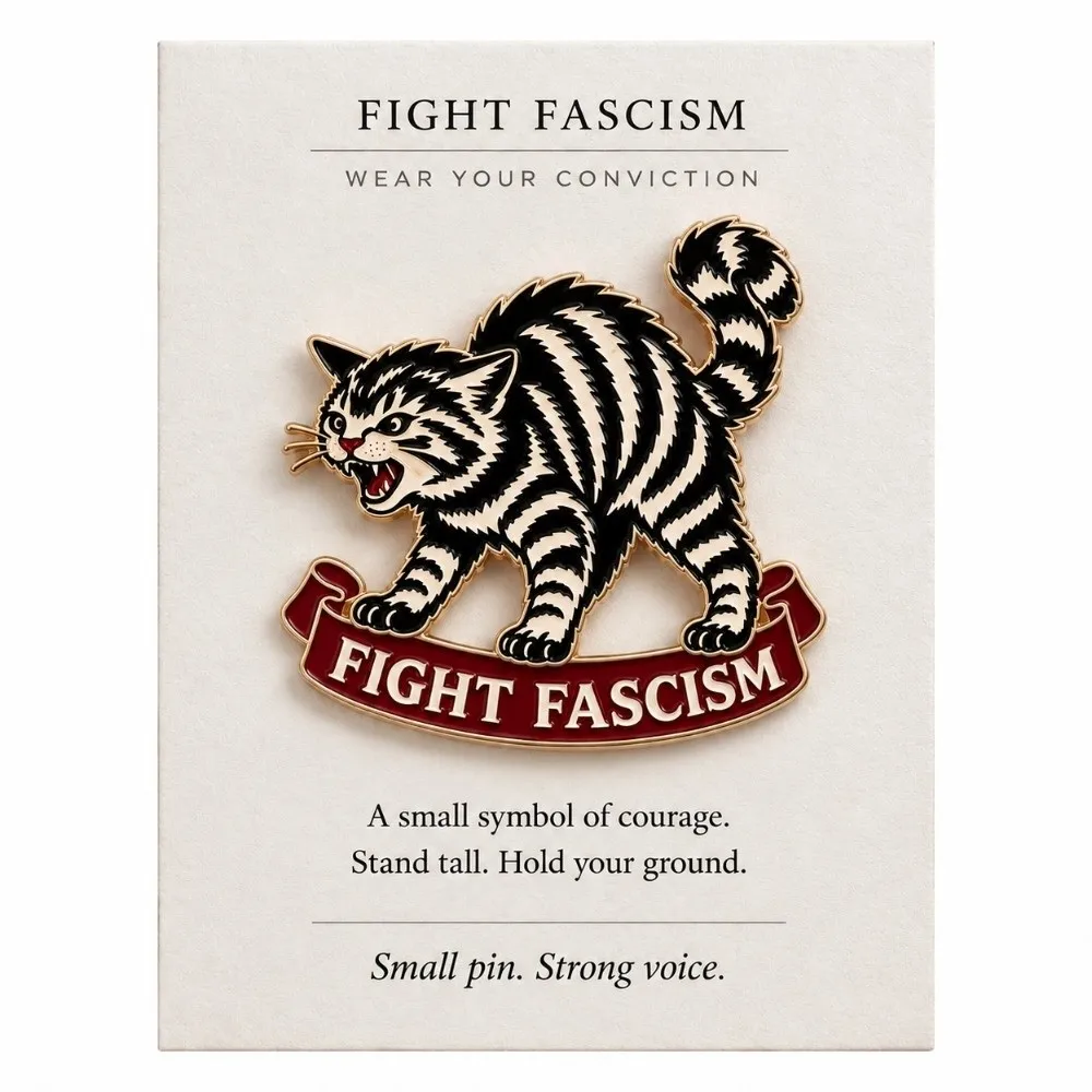 Enamel Fight Fascism Cat Pin Striped Cat with Red Banner Anti Fascist Brooch Bold Statement Tattoo Flash Lapel Pin