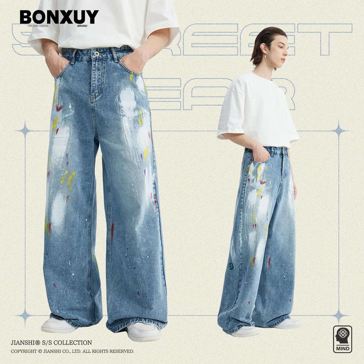 BONXUY Design graffiti Korean style large size loose straight mid-waist trendy jeans men's distressed wide-leg long pants