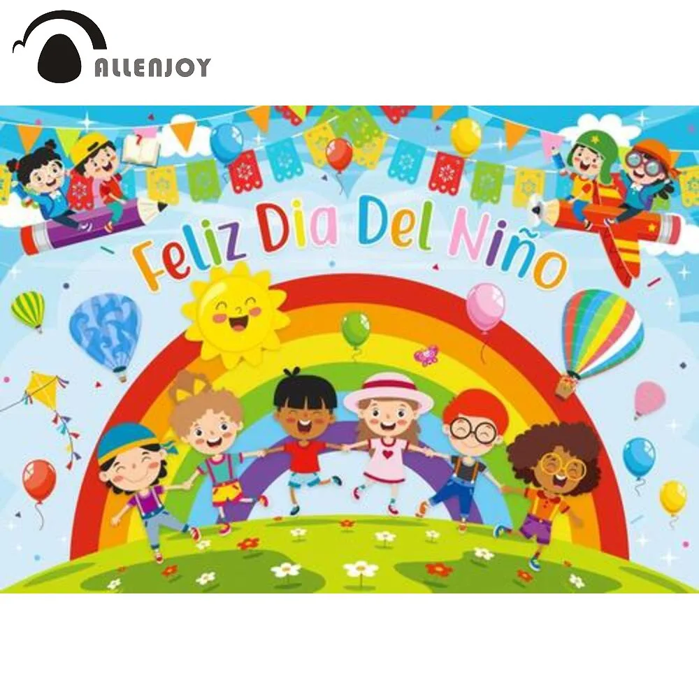 

Allenjoy Happy Children's Day Colourful Party Backdrop Rainbow Birthday Cloud Balloons Kids Grass Banner Photozone Background