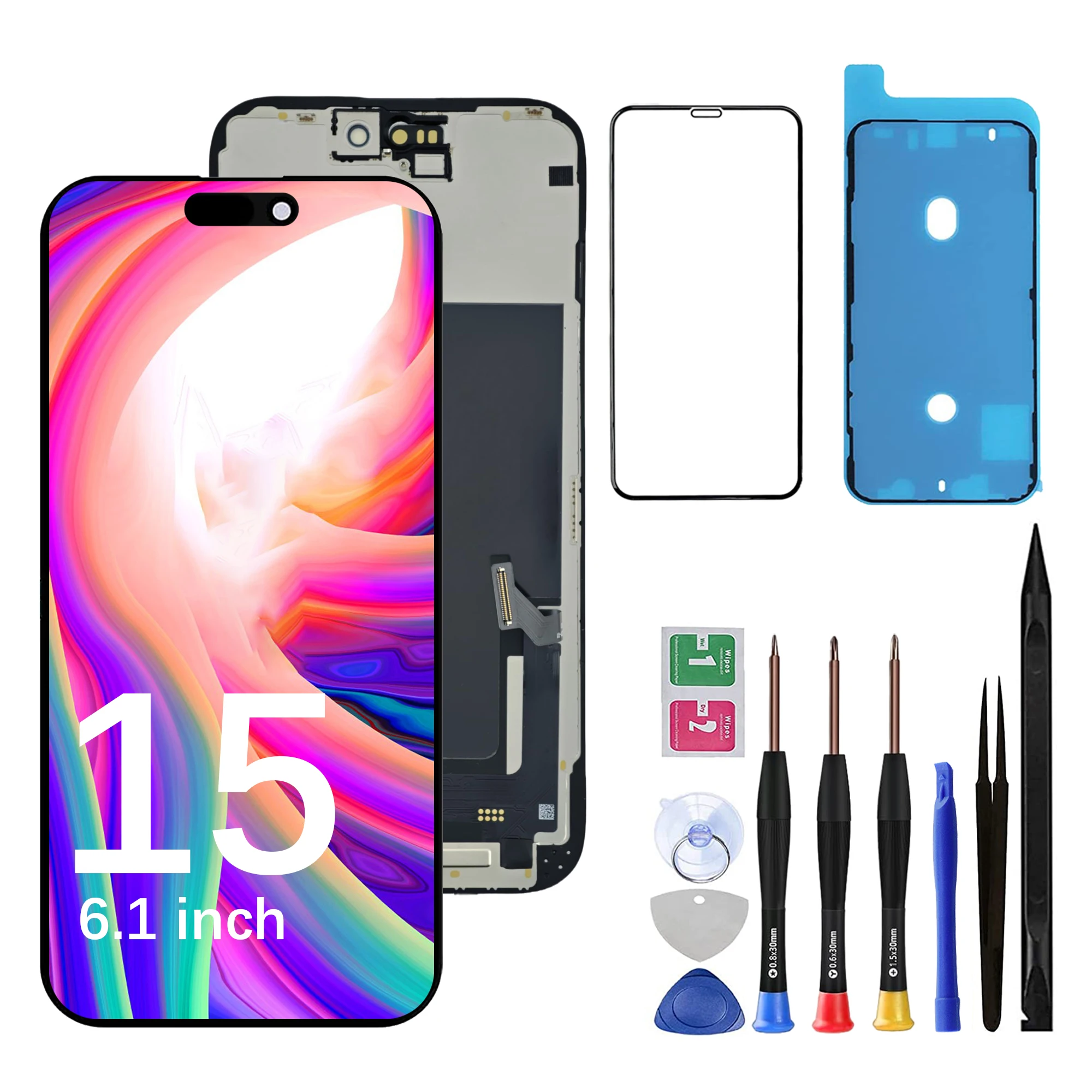 Screen Replacement for iPhone 15 6.1-inch LCD Touchscreen with Replaceable IC, Tools Included