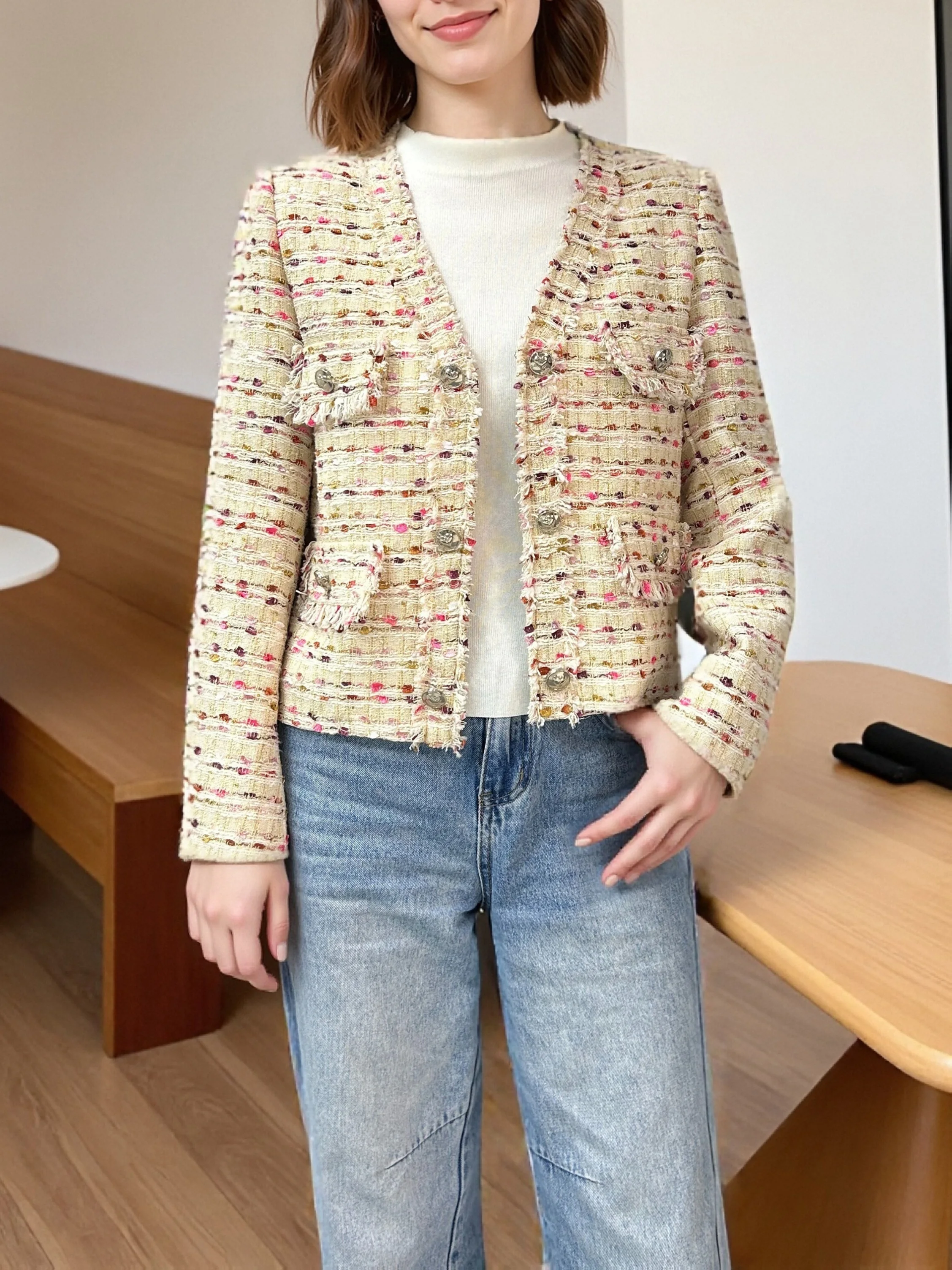 Elegant Multicolor Fleck Tweed Jacket for Women Luxury V-Neck Fringe Trim Silver Buttons Short Blazer Coat 25199