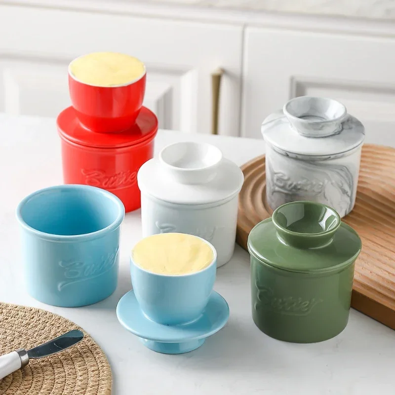 

Multi Color Butter Crock with Lid Modern Round Ceramic Butter Holding Plates Butter Keeper Cheese Storage Container