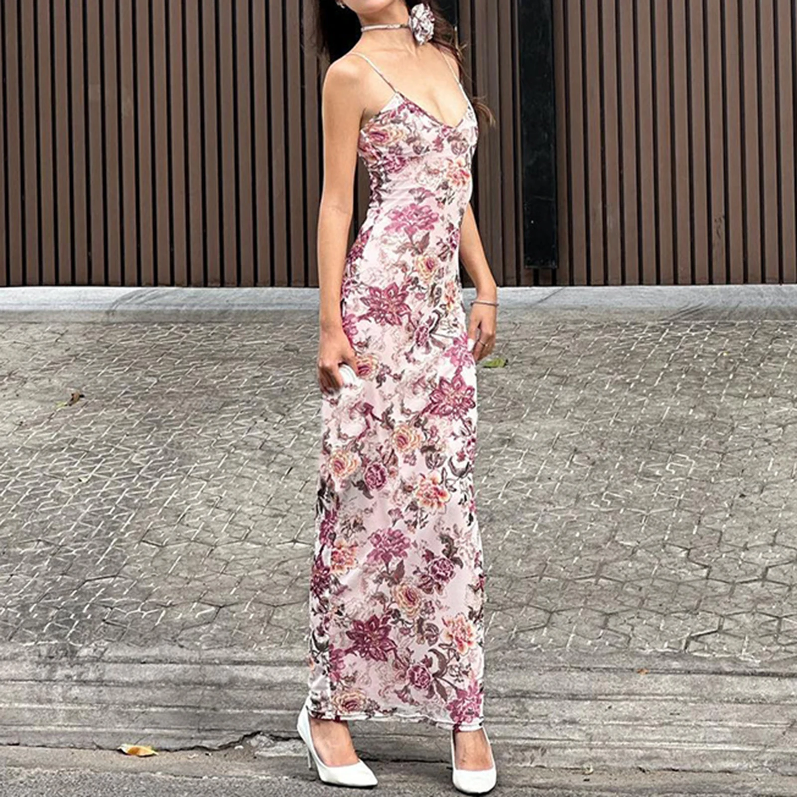 Women V-Neck Spaghetti Strap Backless Slim Summer Long Dress Floral Print Cami Dress