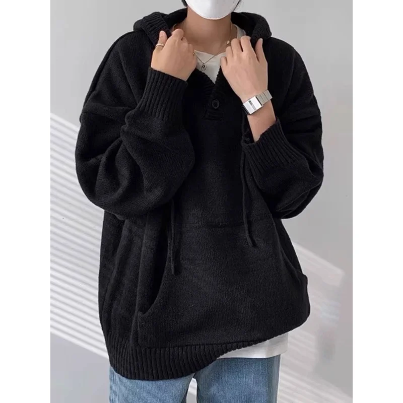 OIMG Korean retro lazy style hooded knitted sweater men's autumn and winter new trend brand loose couple pullover jacket top