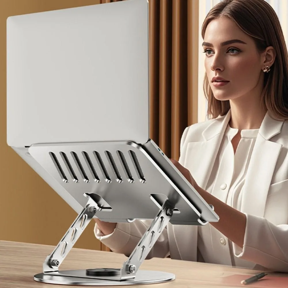 Adjustable Height 360° Rotatable Tablet Stand Ventilated Base Anti-slip Foldable Laptop Holder Carbon Steel Silver