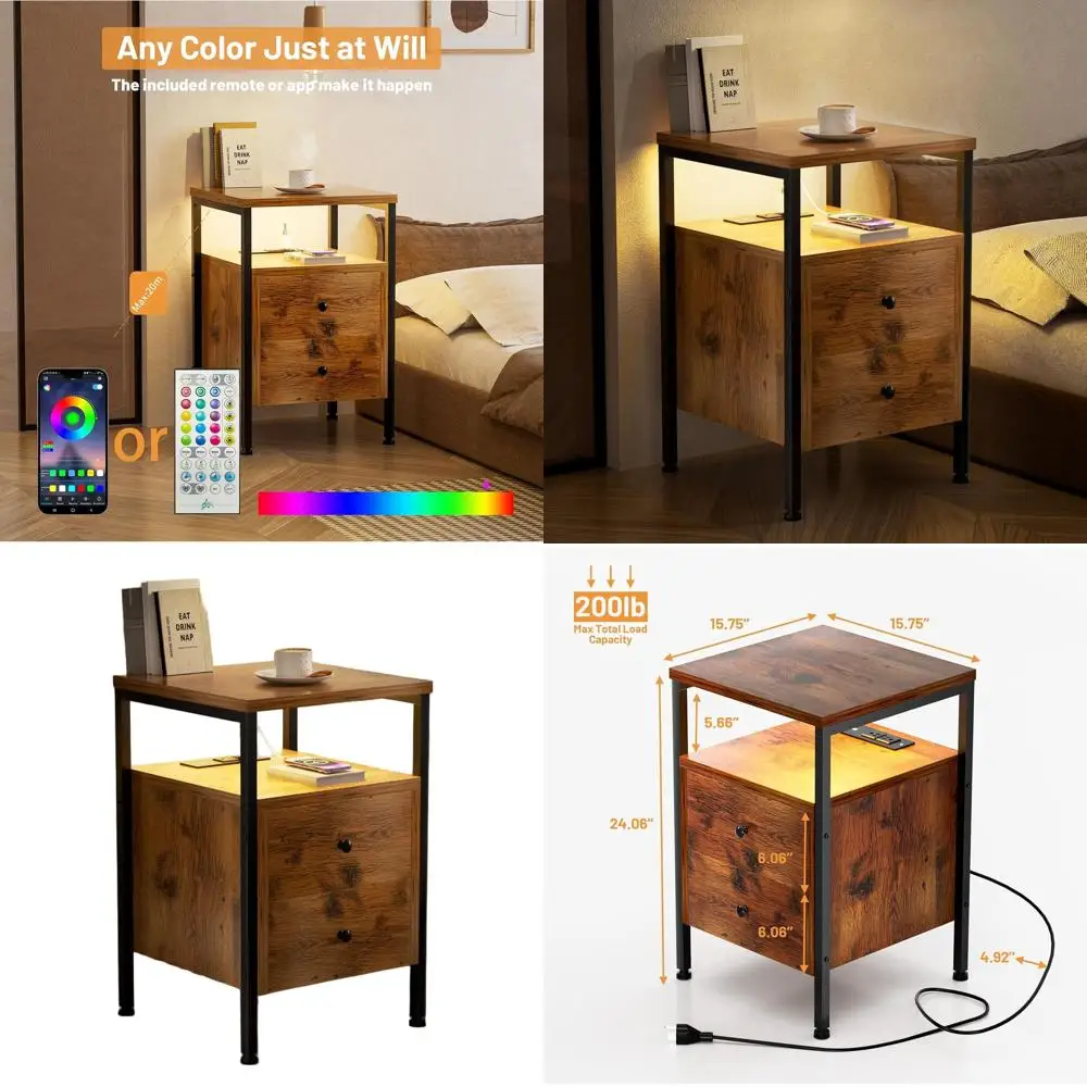 

Прикроватная тумбочка из дерева со светодиодной подсветкой, зарядной станцией, ящиками для хранения и полками, в деревенском стиле, коричневая, для спальни и гостиной