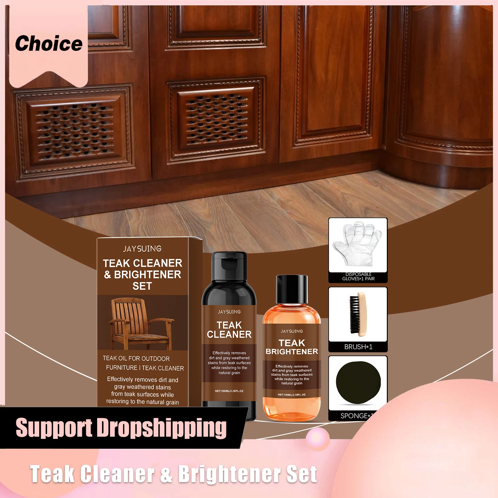 

Средство для чистки и придания блеска тиковой древесине: быстродействующее, устраняет пятна, глубоко очищает от грязи, восстанавливает естественный блеск, бережное очищение.