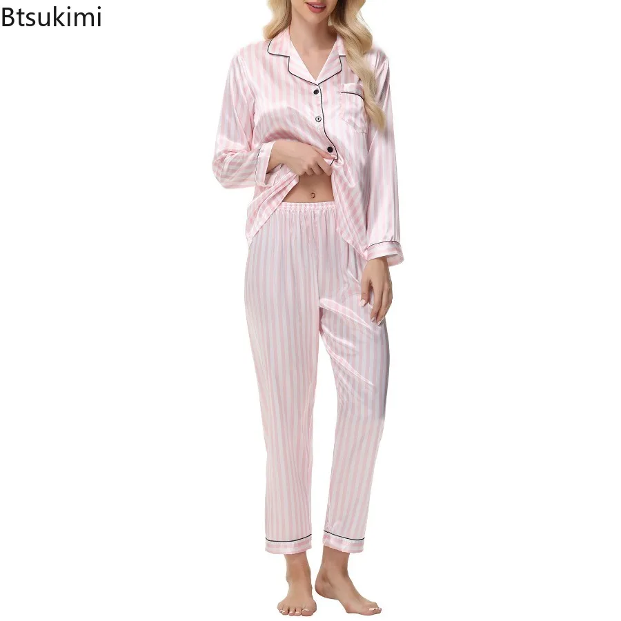 Women 2PCS Ice Silk Pajamas Set Spring Autumn Long Sleeve Button Up Shirt and Casual Loose Elastic Pants Sleepwear Loungewear