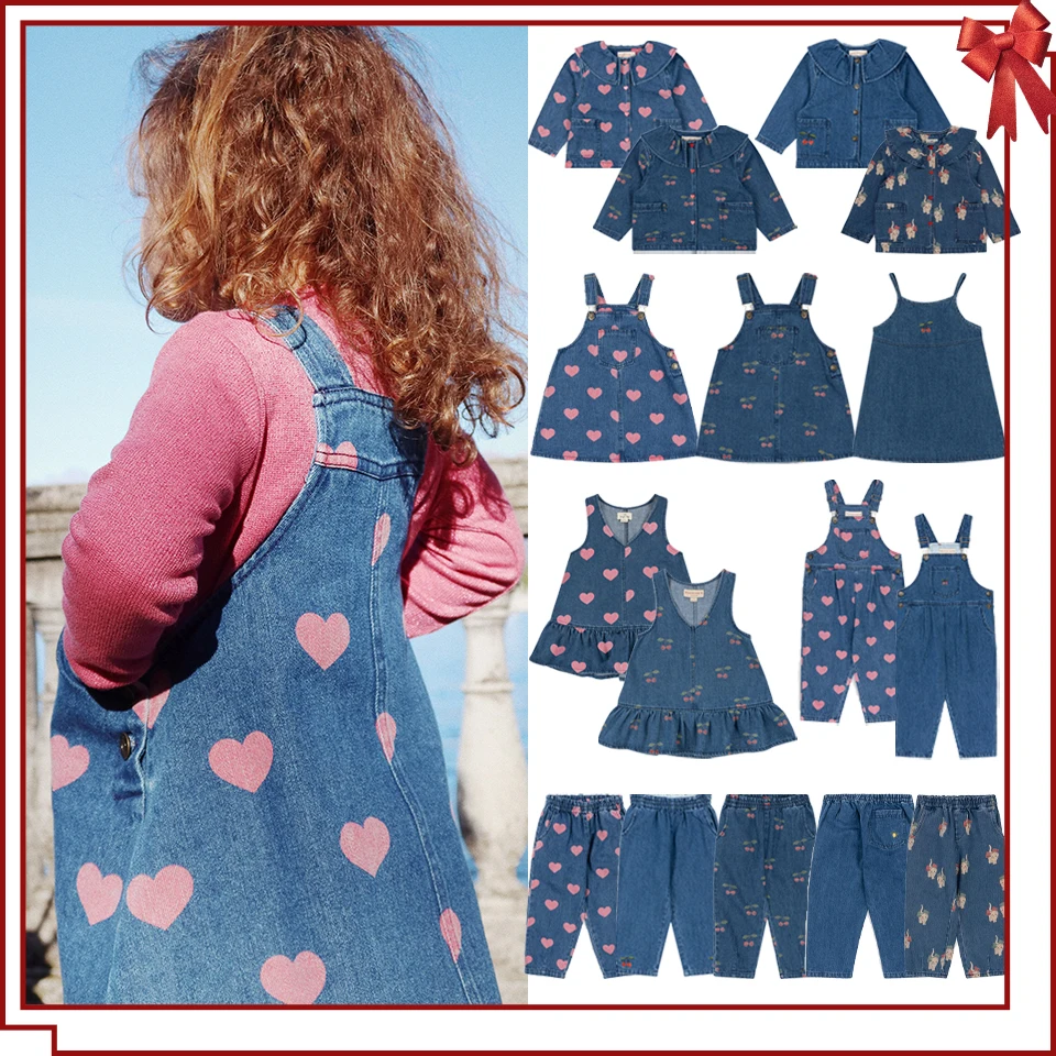 Children Clothes Set 2024 KS Girls Cute Print Dress Overalls Toddler Kid Jeans Braces Jacket Girl Denim Sling Dresses Jean Pants