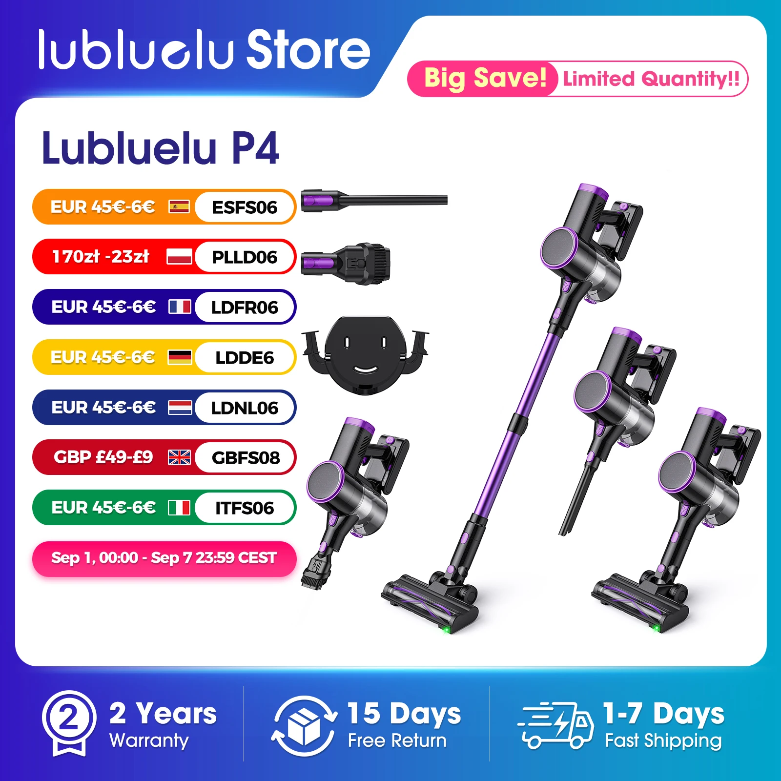 Image of Lubluelu P4 Kabelloser Staubsauger 30Kpa Saugkraft, 40 Minuten Laufzeit, Selbststehend, Grüne LED, für Hartböden Teppich Haustierhaare