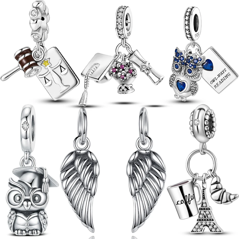 925 Sterling Silver Graduation Charms Owl Gavel Scale Grad Cap Wing Beads Fit Original Bracelets Academic Jewelry Gift For Woman
