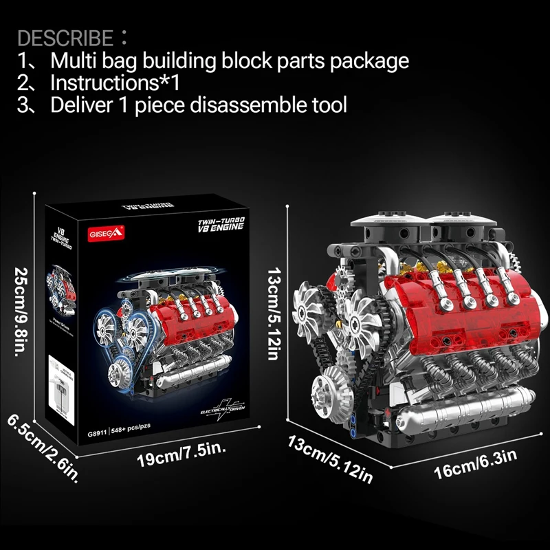 548PCS Motorized Twin-turbo V8 Engine,Creative Electrically Drive Model Building Blocks Tech Car Parts Toys Set Adults Kids Gift