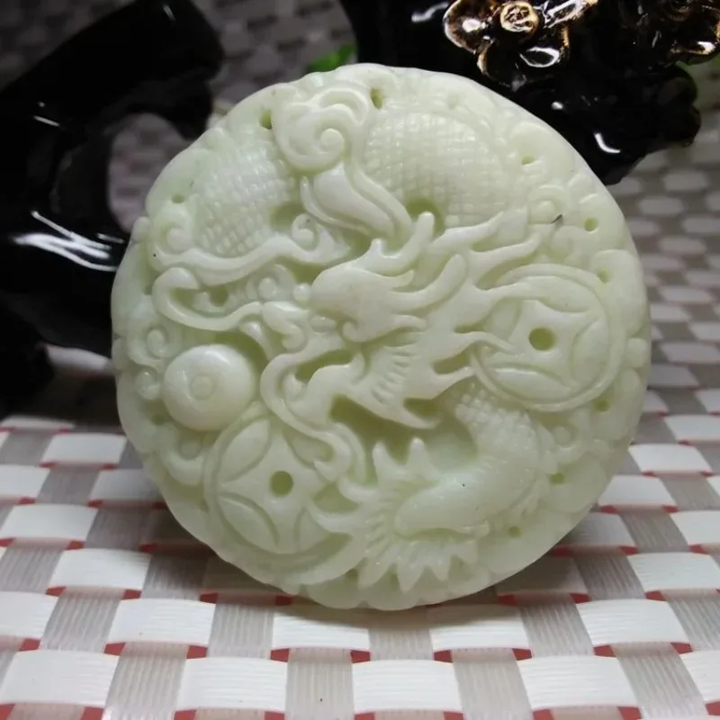 

Natural Lantian Jade Handmade Sculpting Dragon Pendant Fashion Boutique Jewelry Men and Women Pale White Zodiac Necklace Gifts