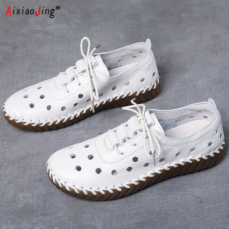 

Woman Flats Breathable Sew Oxford Sneakers Women Casual Lace Up Split Hollow Moccasins Loafer Shoes 2023 Newest Designer