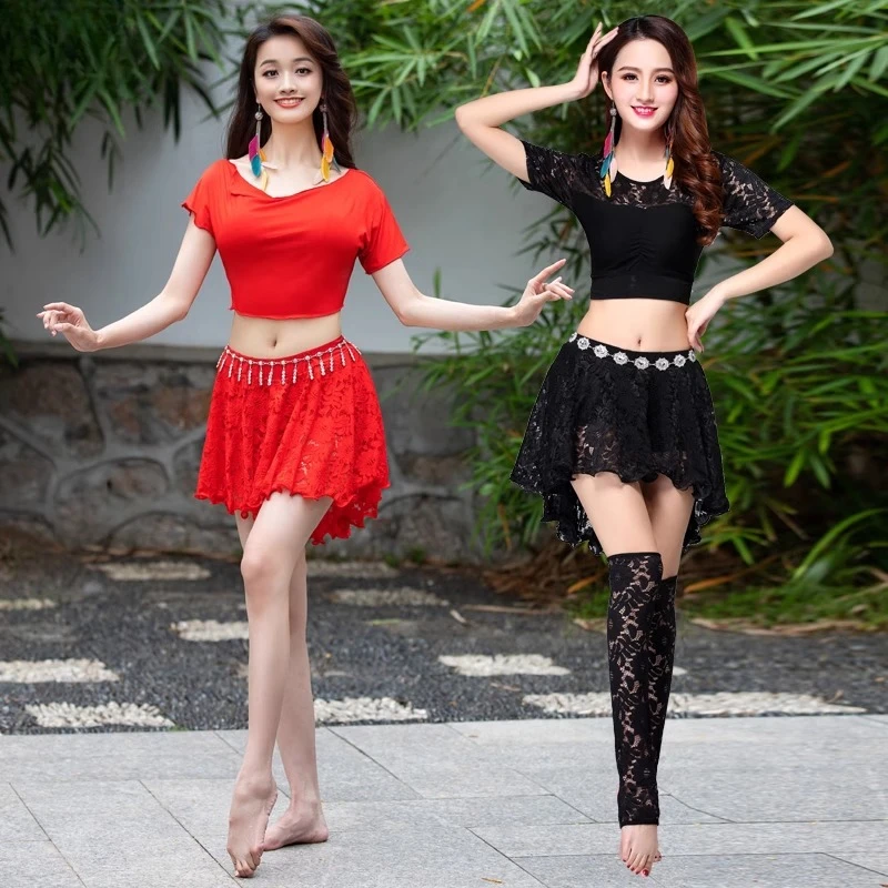 Personalizado novo conjunto de trajes de dança do ventre para iniciantes rendas vestido de prática feminina saia sexy roupas indianas saia superior cinto meias