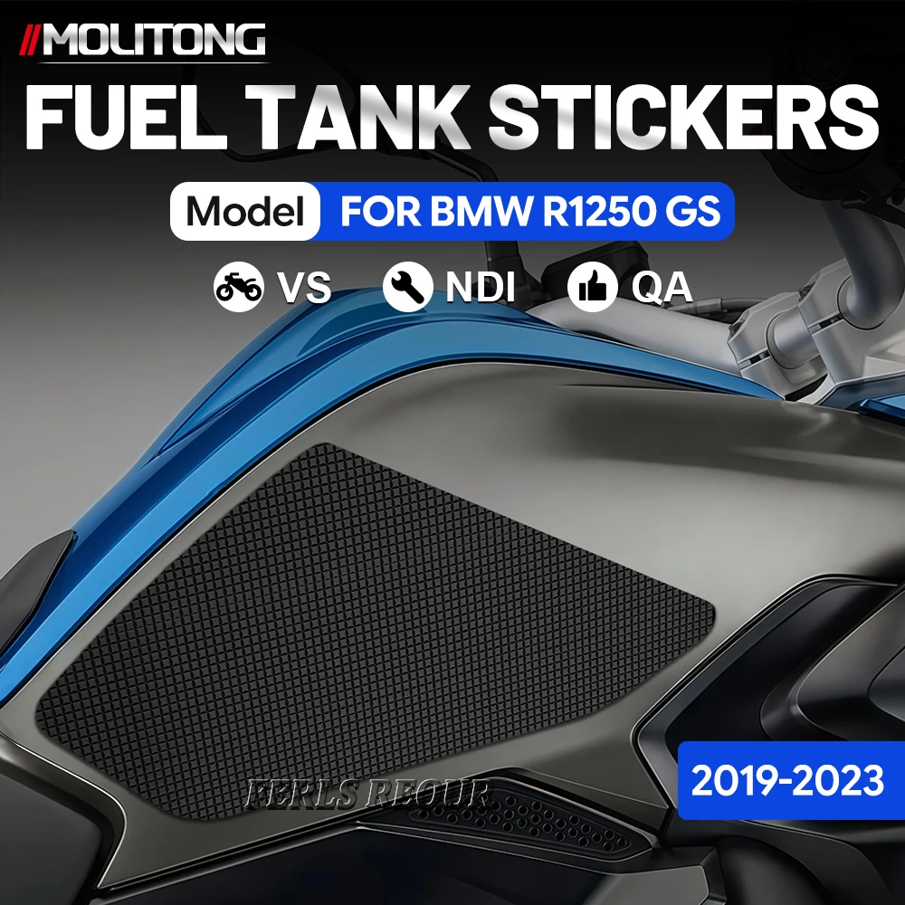 Fuel tank stickers, black rubber anti-slip mats, and motorcycle fuel tank protectors for BMW R1250 GS 2019-2023.