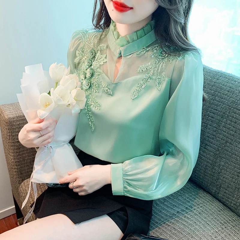 

Fashion Elegant Autumn Shirt Embroidery Beads Chiffon Simple Office Blouse Loose Tops Long Sleeve Casual Blouses Women