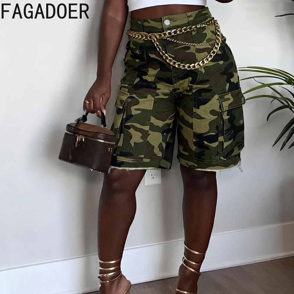 FAGADOER Vintage Fashion Camouflage Patchwork Denim Pants Women Cargo Pocket Straight Leg Loose Pants Female Streetwear Bottoms