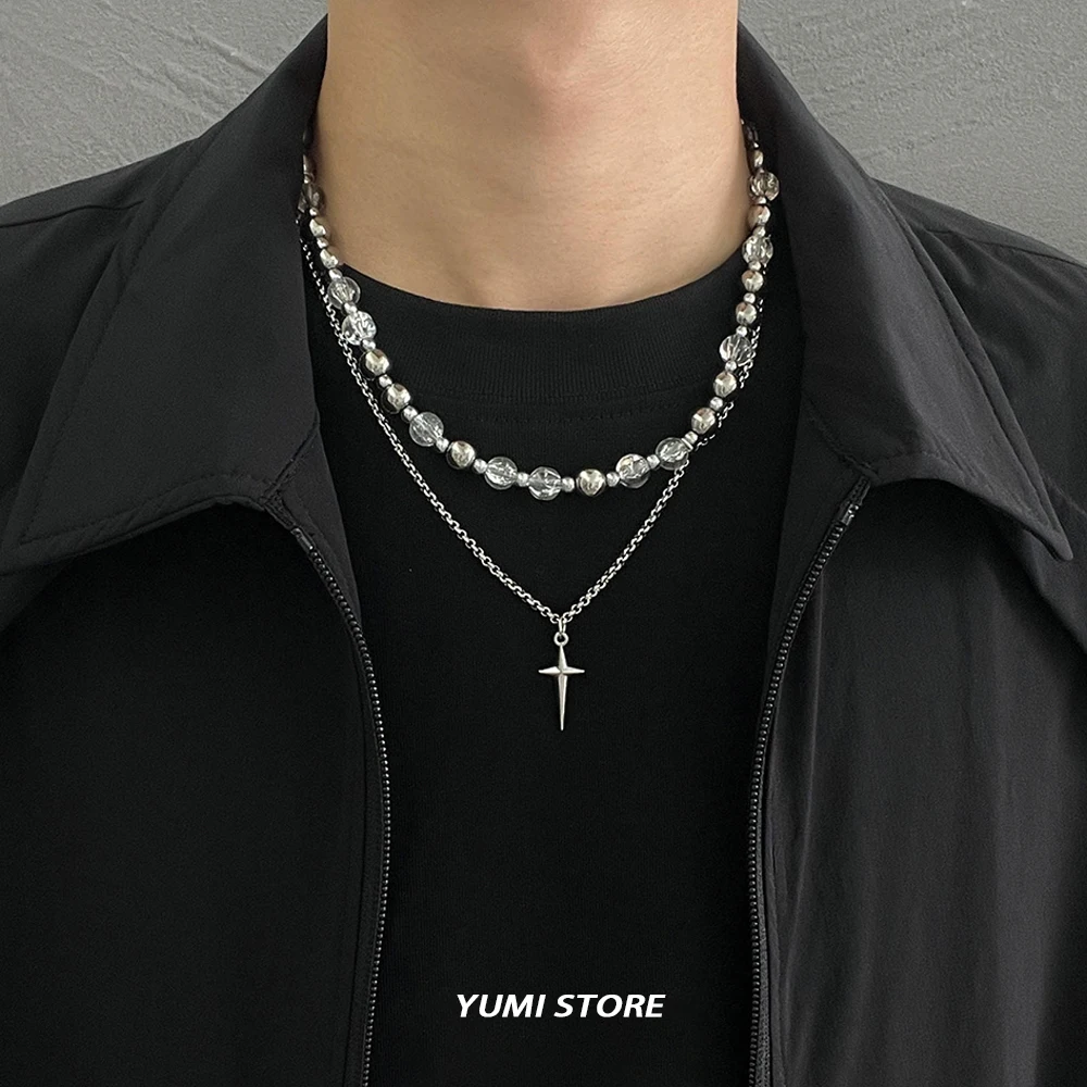 New Cross Bead Necklace For Man Woman Charm Titanium Steel Double-layer Clavicle Chain Unisex Style Jewelry Wholesale