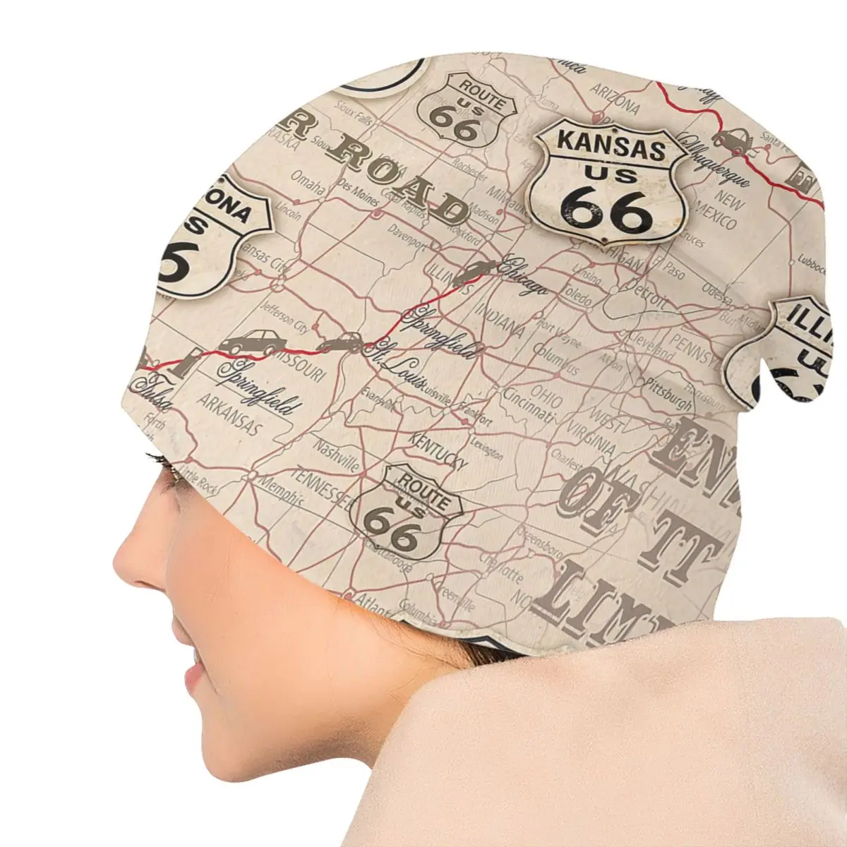 Vintage American Map Route 66 Pattern Bonnet Hats Fashion Knit Hat For Men Women Warm Winter USA Highways Skullies Beanies Caps