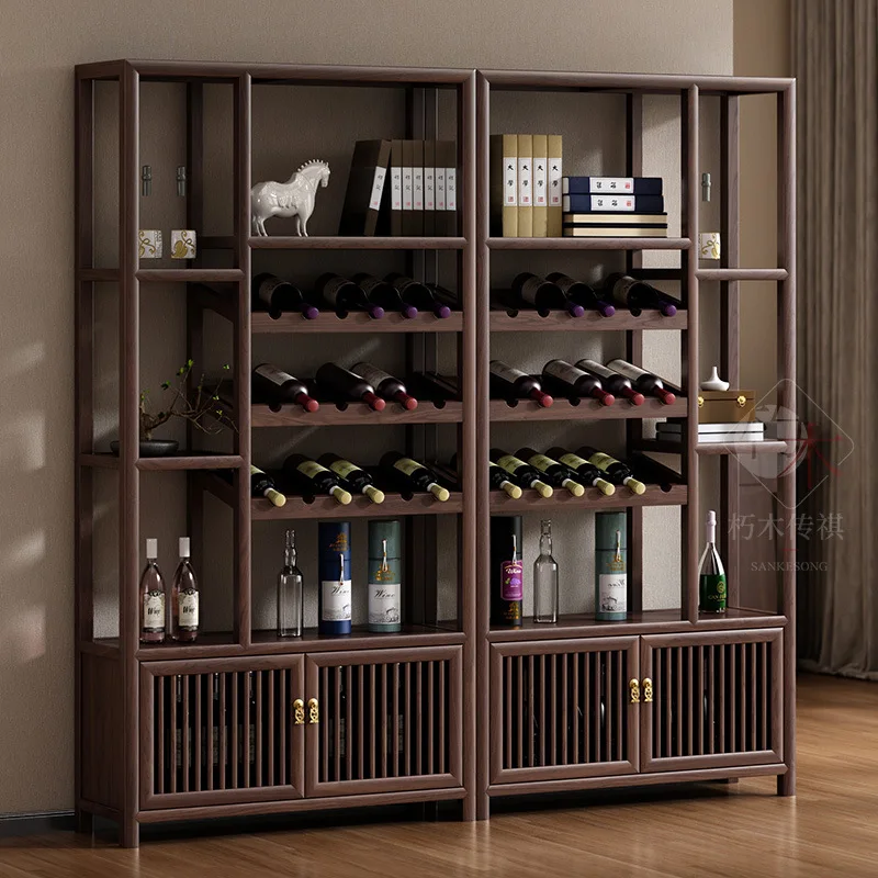ตู้เก็บไวน์จีนแบบใหม่ ทำจากไม้เนื้อแข็ง พร้อมไฟส่องสว่าง ตู้โชว์แบบมีฉากกั้น