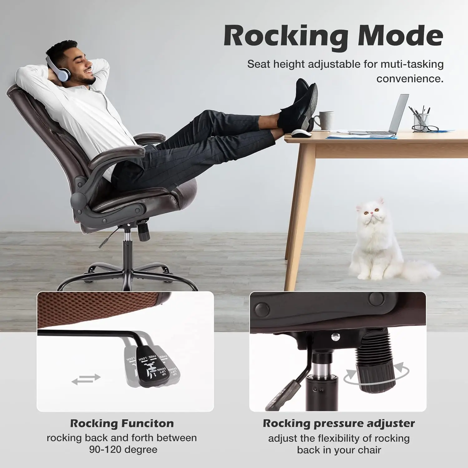 Silla de oficina ejecutiva: sillas de escritorio ergonómicas ajustables para computadora con reposabrazos abatibles con respaldo alto, silla giratoria, cuero doblado