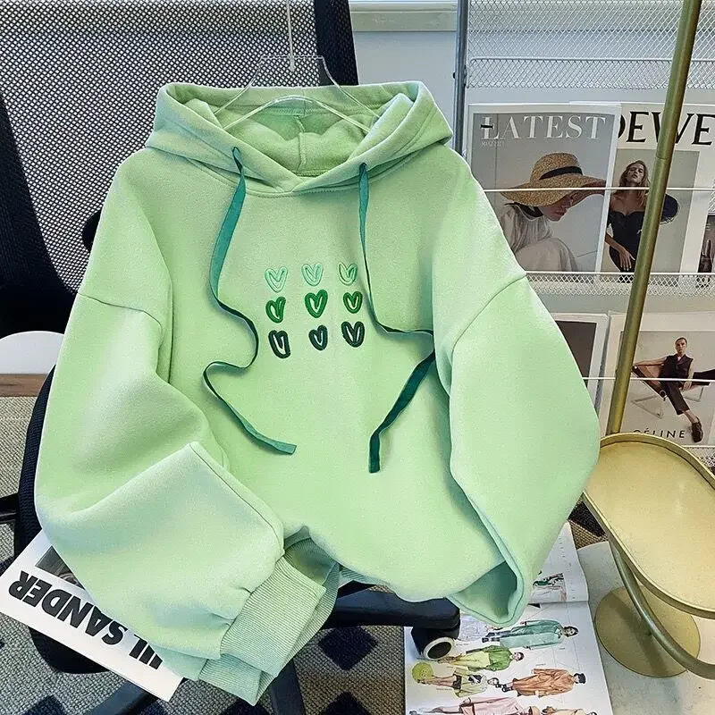 Hooded hoodie women\'s autumn and winter new embroidered love casual loose green plush top jacket