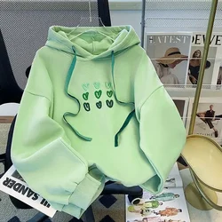 Sudadera con capucha para mujer, chaqueta holgada informal de felpa verde con bordado de amor, otoño e invierno, novedad