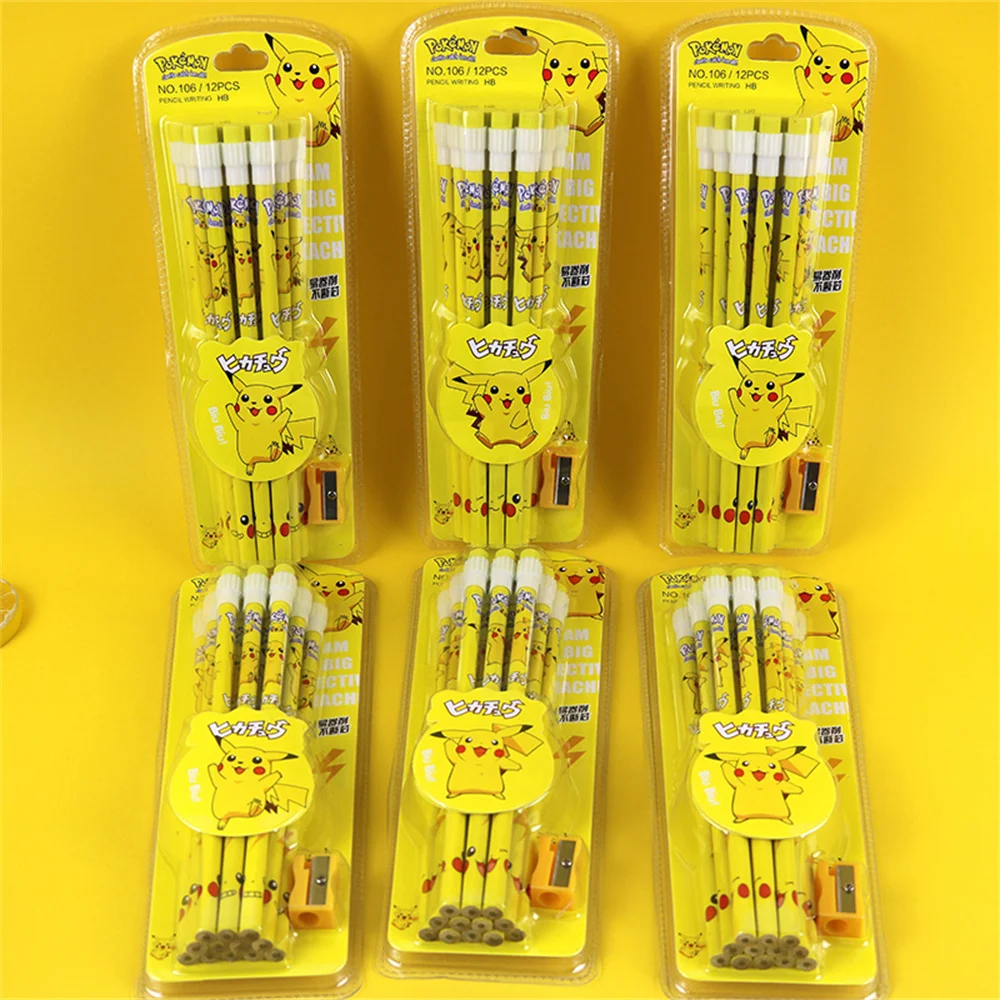 12Pcs Pikachu Pokemon Pencils Set Cartoon Black Core Crude Wood Pencils School Stationery Office Supply Kids Gifts