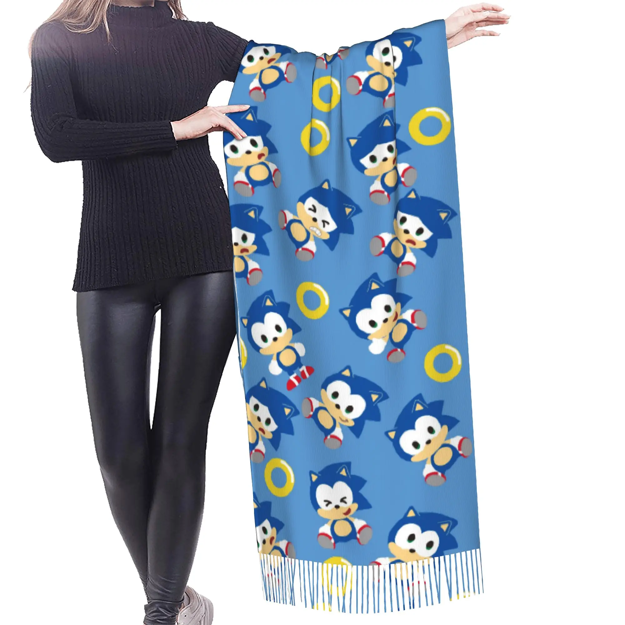 Custom Female Large S-Soniced Cartoon Scarves Women Winter Thick Warm Tassel Shawl Wrap Video Game Scarf