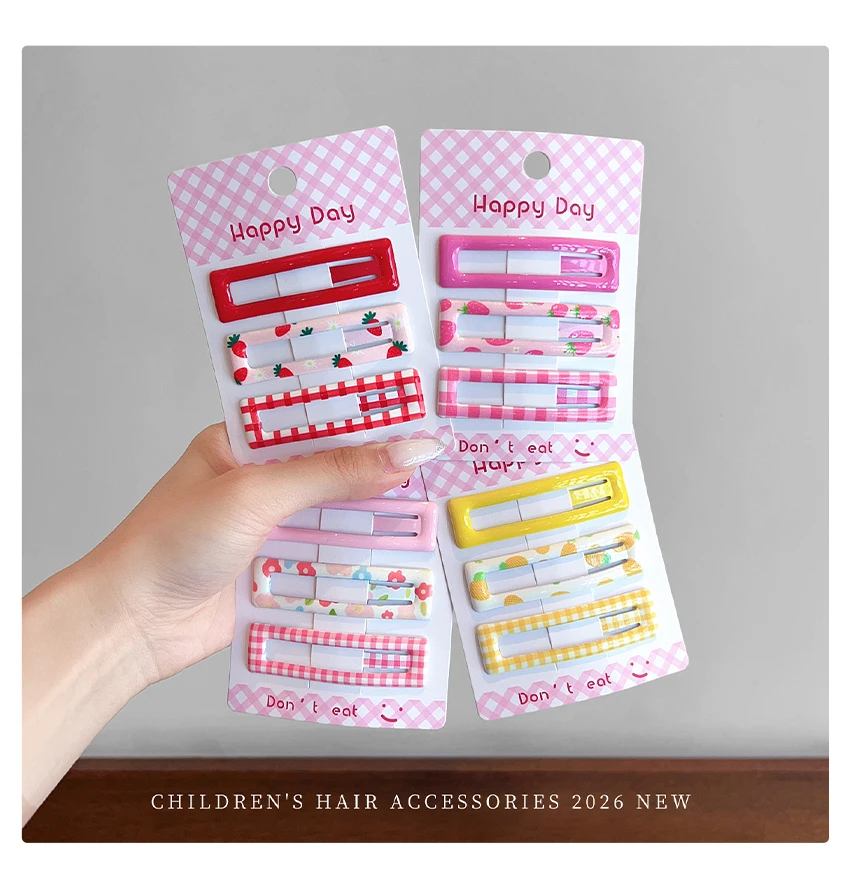 Neue koreanische 3-teilige Haarspangen-Sets mit kariertem, floralem und fruchtigem Muster für Frauen, Mädchen und Kinder, BB-Haarspangen, Mädchen-Haaraccessoires – Detail 9