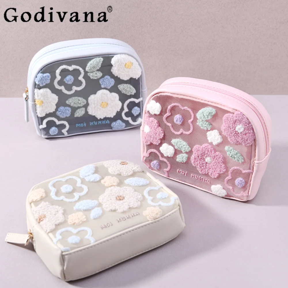 Sweet Cute Flowers Embroidery Mesh Cosmetic Bag Toiletry Bag Beauty Case Makeup Organizer Bags