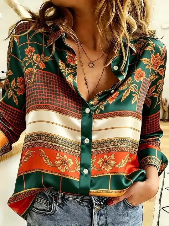 Women Vintage Scarf‑Style Horizontal Paisley Floral Plaid Print Turn‑down Collar Long Sleeve Button Front Loose Fit Blouse Top