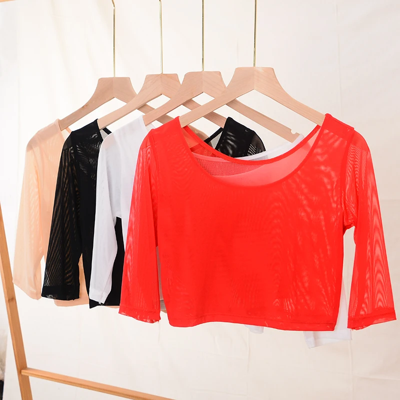 Damska koszulka na wiosnę i lato, dopasowany krój, okrągły dekolt, koronkowe wycięcia, długość do kolan, jednolity kolor.