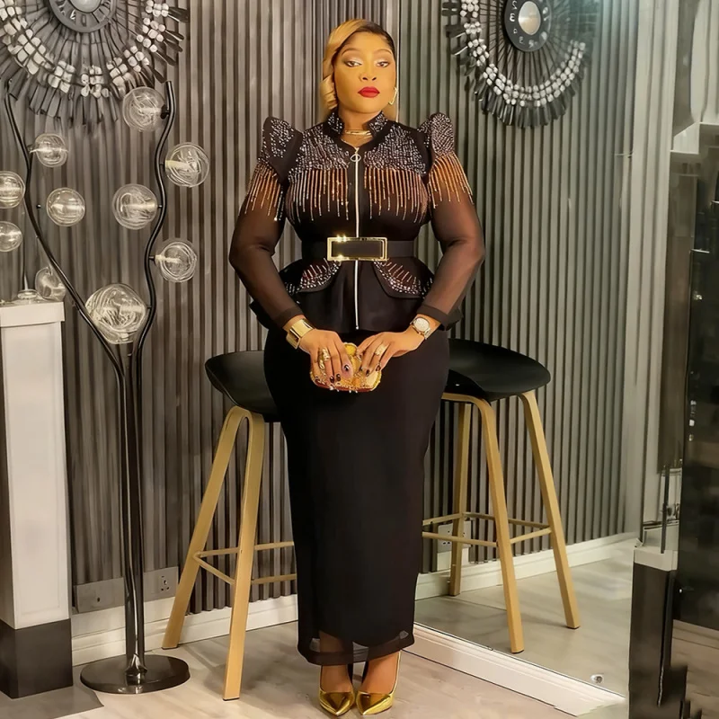 2026 New Fashion Dashiki Ankara Plus Size Women's Clothing Autumn New Sequin High Waisted Party Evening Dress Two-piece Set