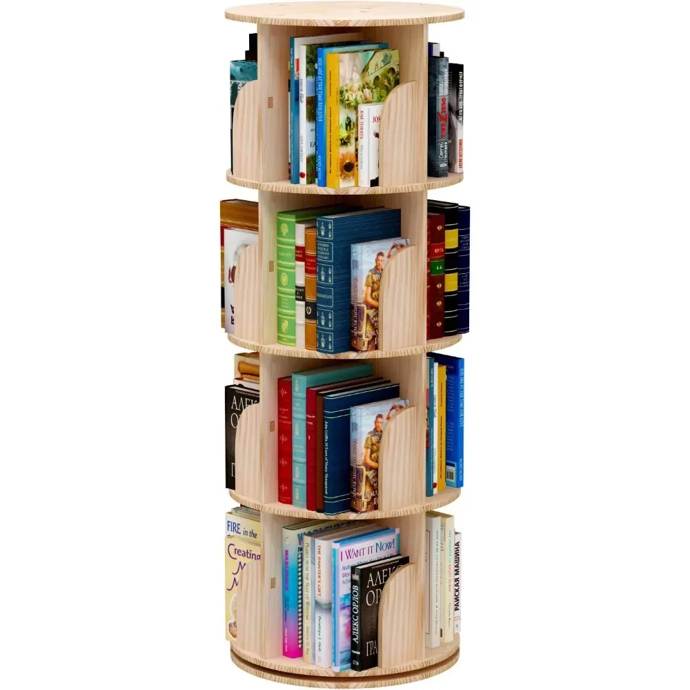 

360 degree rotating bookshelf, 4-layer stackable solid wood bookshelf, children's storage display floor standing bookshelf