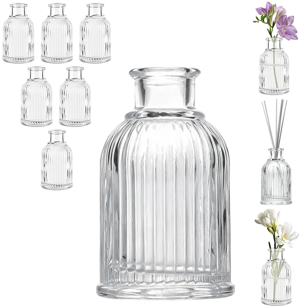 2/4/6 PCS Mini garrafas de vidro transparente – Conjunto de difusor de palheta e vaso de botão para peças centrais de casamento, fragrância DIY e decoração de florista